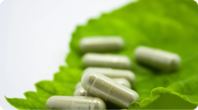Natural herbal capsules placed on a vibrant green leaf, representing organic alternative medicine.